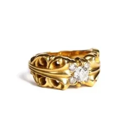 22K Gold Double Floral Ring with 5 Diamonds